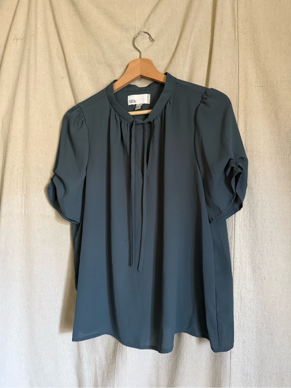 Tie-Neck Short Sleeve Blouse in Deep Teal Blue
